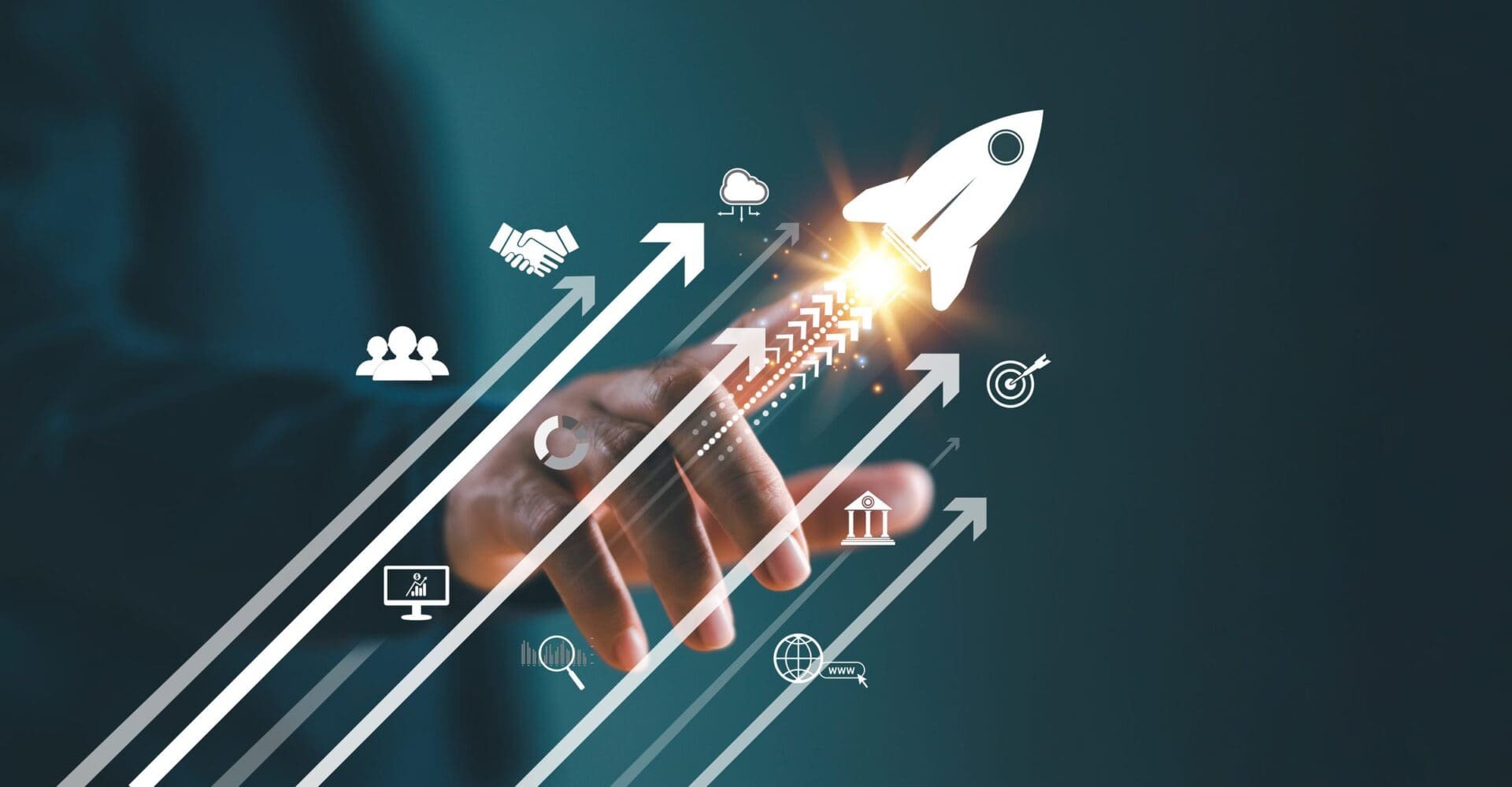 Hand launching rocket with growth icons.
