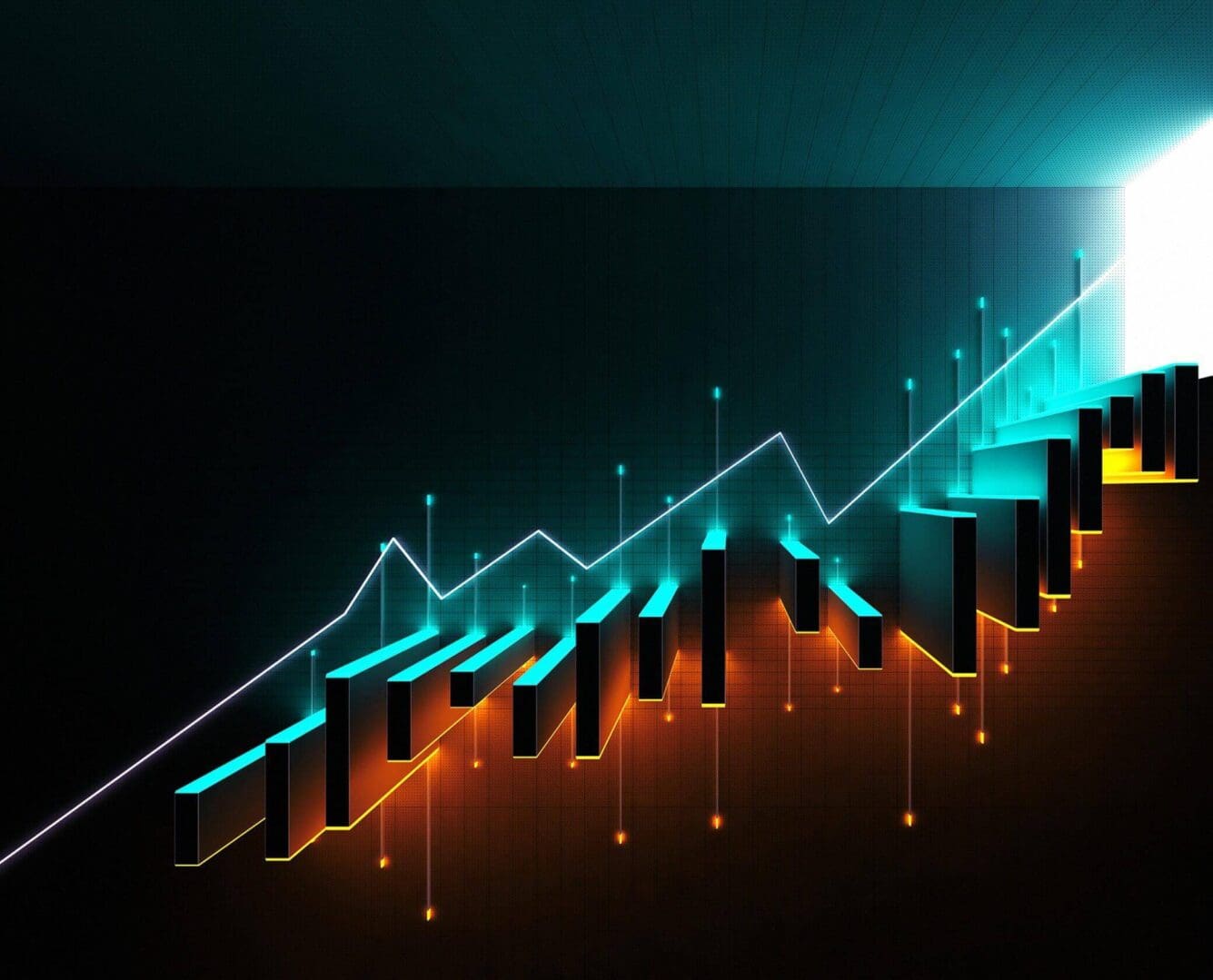 Neon 3D ascending bar and line chart